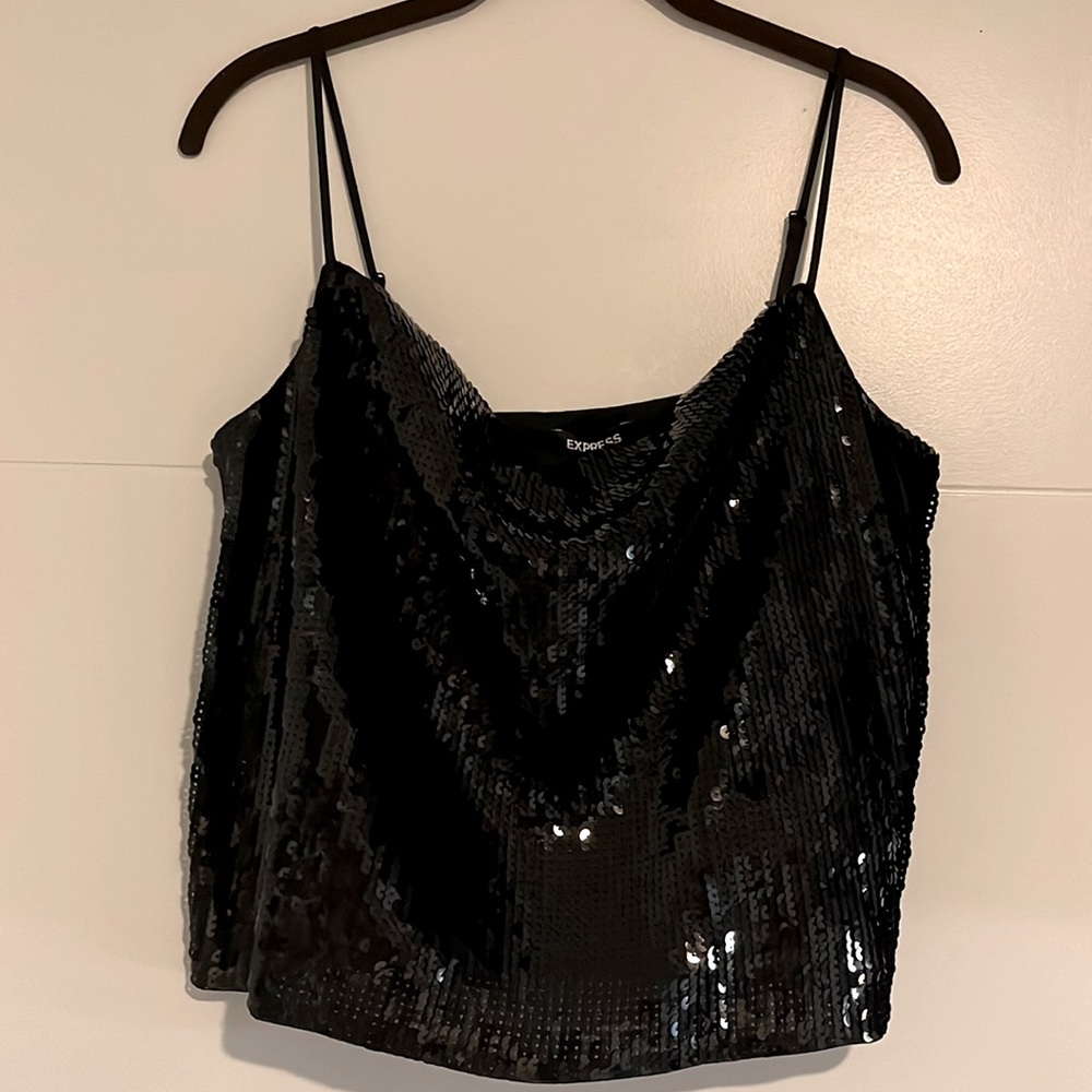 Black sequined spaghetti strap top.